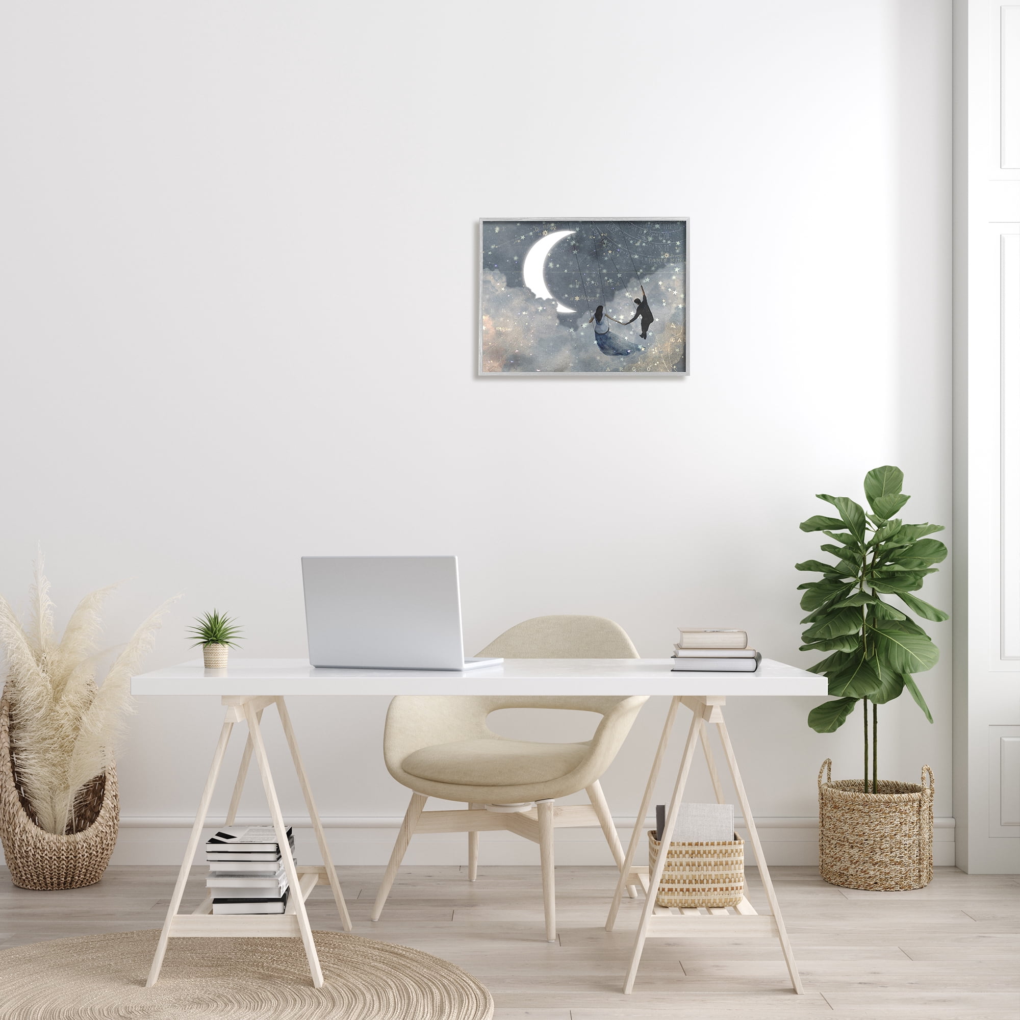 Stupell Industries Grey and Blue Celestial Love Sky Swinging by the Crescent Moon and Stars Graphic Art Gray Framed Art Print Wall Art, 16x20, by Victoria Borges