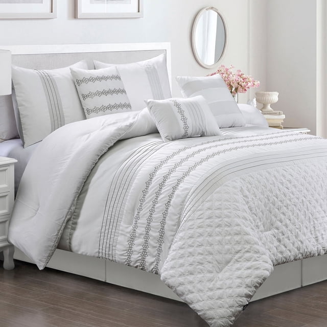HIG Juego de Cama de 7 Piezas con Bordado Blanco en Bolsa, Moderno y Elegante Juego de Edredón Tamaño King para Adultos