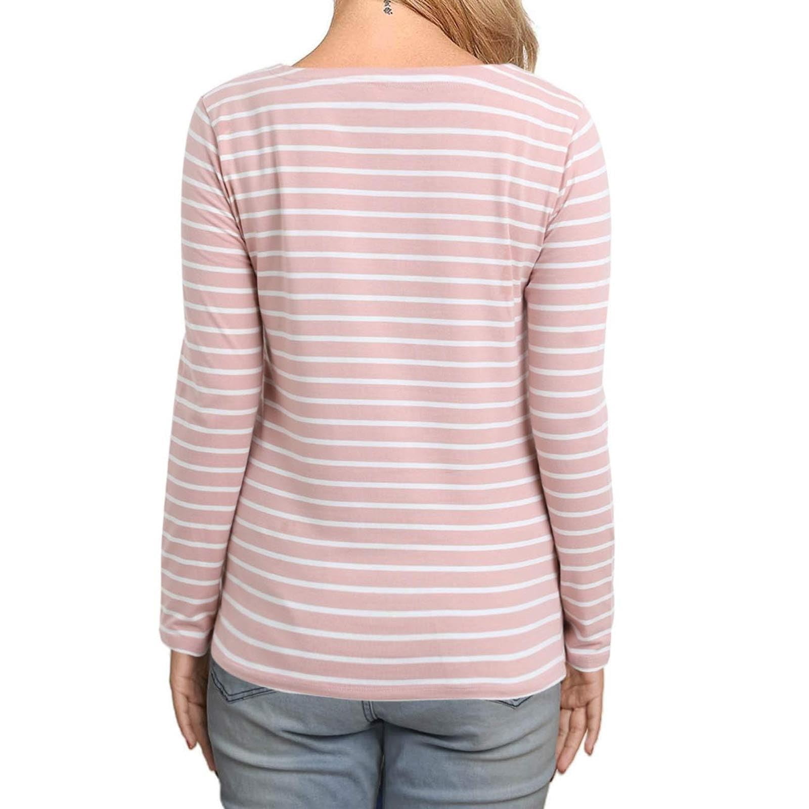 Women's Long Sleeve Crew Neck Pullover Top - Button Down Striped Color Block Blouse (Brown, Small) - View #9