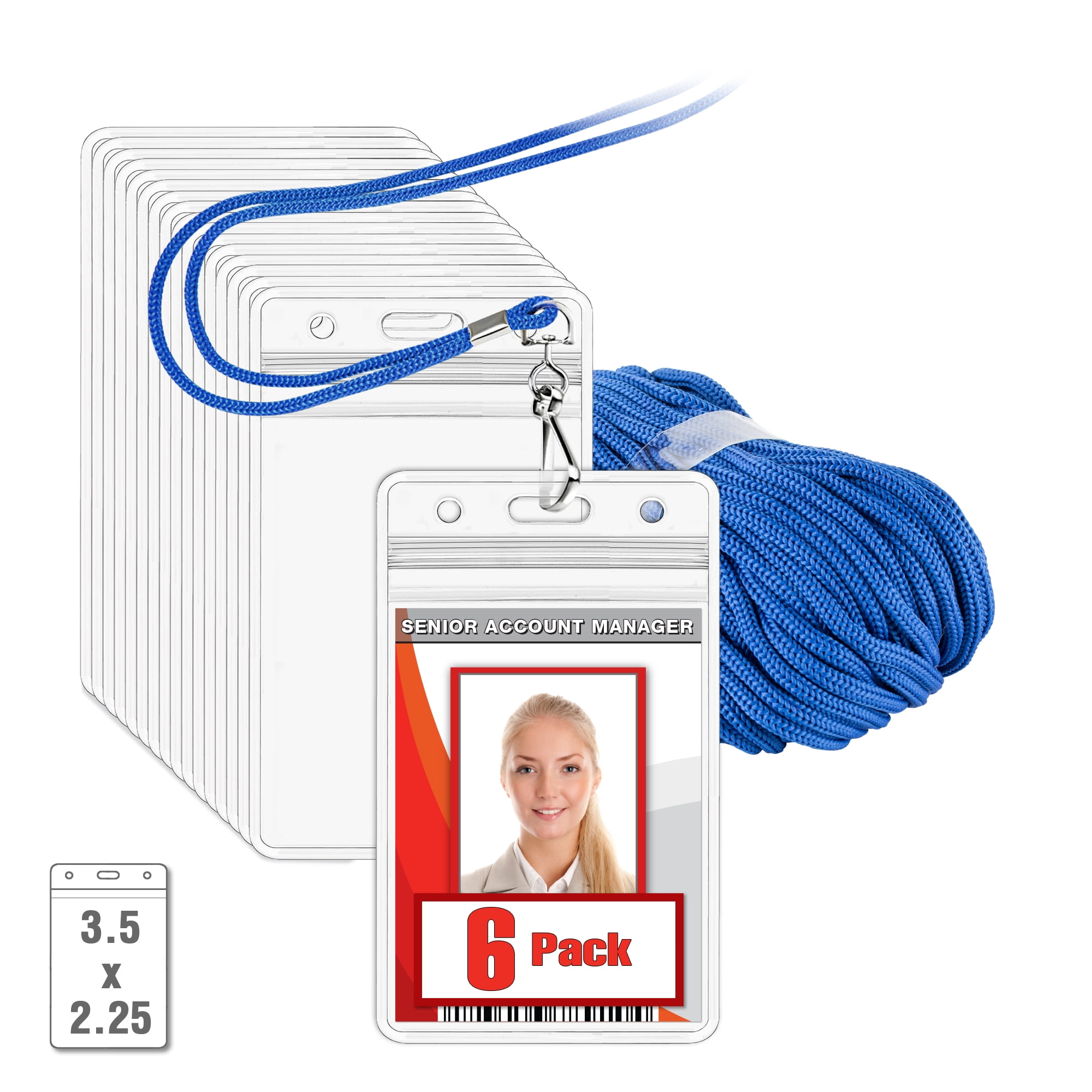 MIFFLIN Blue Lanyard and 3.5" x 2.25" Clear Vertical ID Badge Holder Set, 6 Pack