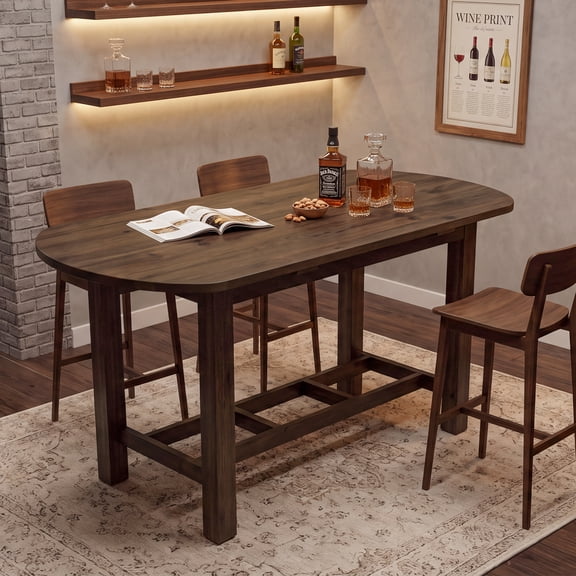 Finmind 63" Long Solid Wood Bar Table, Counter Height Pub Table with Footrest, Oval Home Bar Table for Kitchen, Living & Dining Room, Vintage Brown