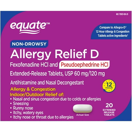 Allergy Relief D Fexofenadine HCl and Pseudoephedrine HCl Extended-Release Tablets USP, 60mg/120mg, 20 Count