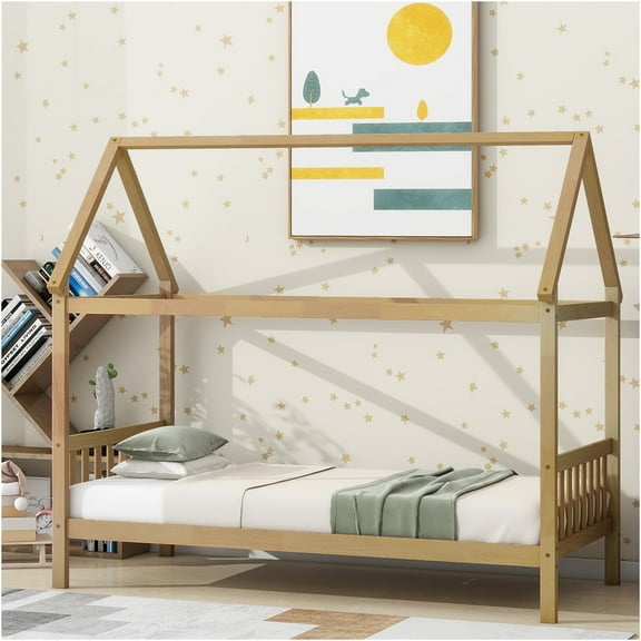 JERFIT Twin House Frame Platform Bed with Headboard & Footboard, White Oak Finish, Solid Rubber Wood Construction, Minimalist Design