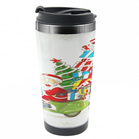 

Christmas Travel Mug Santa on Motorbike Steel Thermal Cup 16 oz by Ambesonne