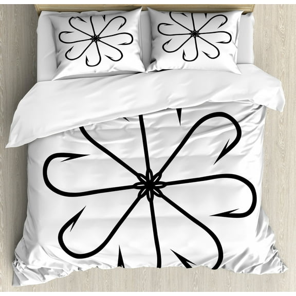 Fishing Duvet Cover Set Queen Size, Flower Shaped Artisan Steel Multi Hook Gaff in Row New Needle Device Figure Print, Decorative 3 Piece Bedding Set with 2 Pillow Shams, Black White, by Ambesonne