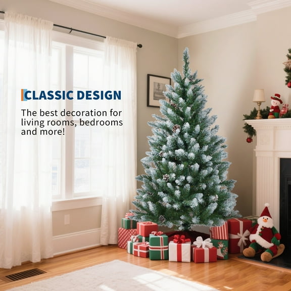 Pre-Lit Artificial Christmas Tree with Warm LED Lights, Pine Cones, 359-2136 Tips, Metal Stand, 4.5FT/6FT/7.5FT/9FT Easy Assembly for Home, Office, Holiday Decor