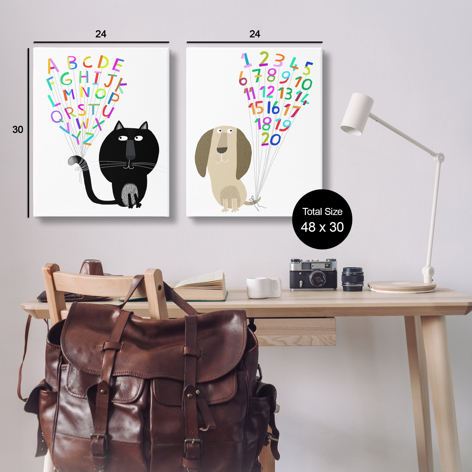 Stupell Industries Cat Dog Alphabet Numbers Education Painting Wrapped Canvas Art Print Wall Art, 24 x 30, Set of 2