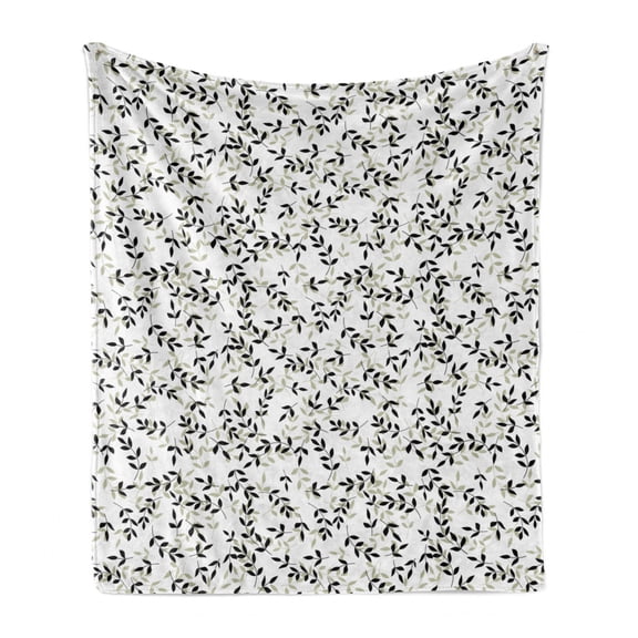 Botanical Soft Flannel Fleece Throw Blanket, Continuous Olive Twigs Simplistic Mediterranean Motifs on Plain Backdrop, Cozy Plush for Indoor and Outdoor Use, 50" x 60", White Pale Khaki, by Ambesonne
