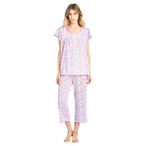 Casual Nights Women's Short Sleeve Smocked Floral Capri Pajama Set