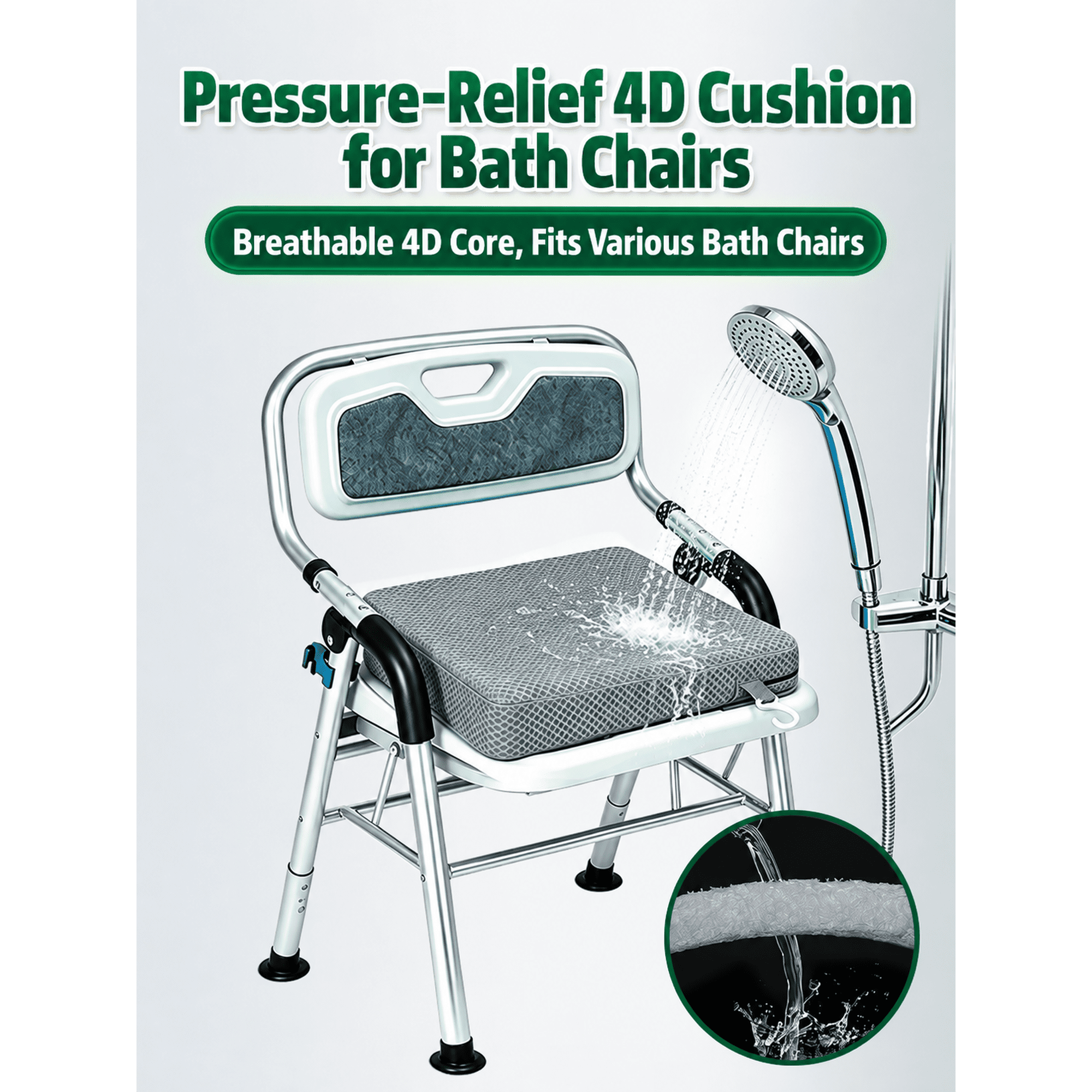 Bath Seat Cushion for Shower Chair, Non-Slip Quick-Dry Pad for Seniors & Elderly, Washable, Gray