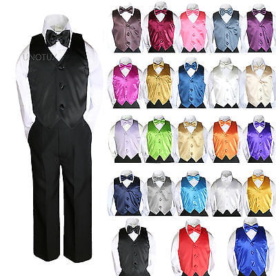 23 Color 4pc Boys Suits Vest Bow Tie Sets Baby Toddler Kid Formal Gray Pants S-7 