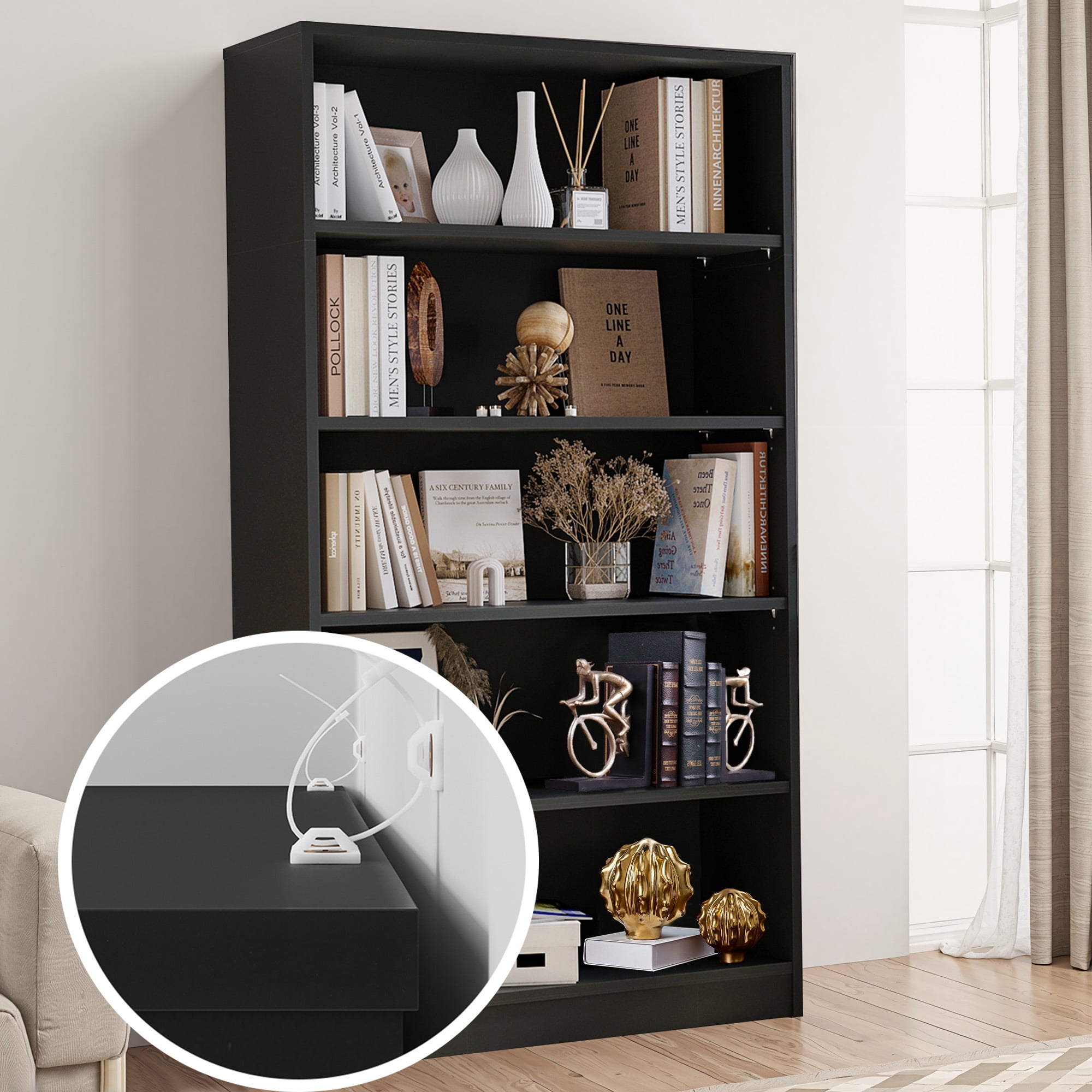 MAYEERTY Black 5-Shelf Modern Wood Bookcase, 60" Tall, for Bedroom, Living Room, and Manga Library
