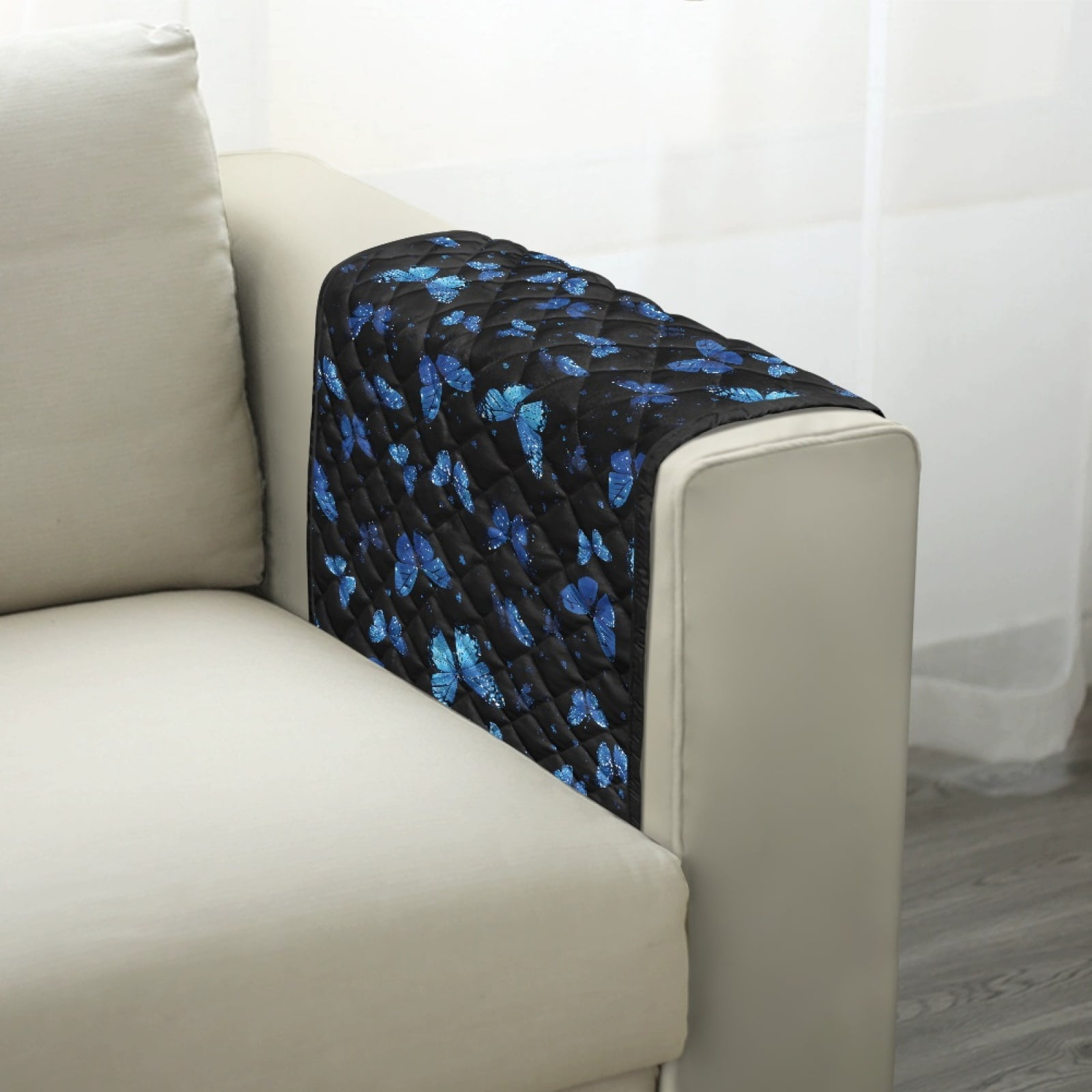 TSOVTHRID Blue Butterfly Glitter Print Sofa Armrest Cover Washable Armchair Slipcovers with Side Storage Pocket Couch Arm Protector Non-Slip Chair Arm Covers