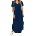 thumbnail image 2 of TIMIFIS Robe d'Été à Manches Courtes pour Femme, Couleur Unie, Col en V, Robe Maxi, Vacances, Plage, Robes Soleil avec Poches, 2 of 6