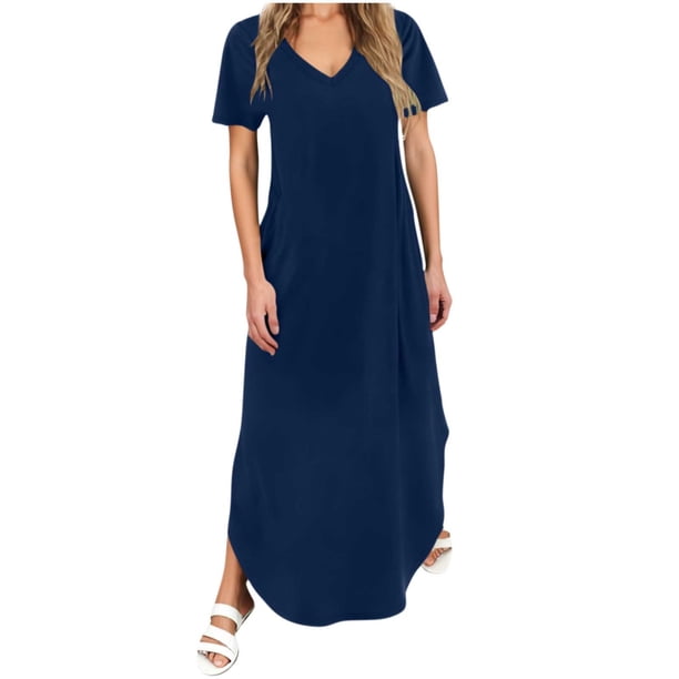 Vestido Corto para Mujeres Verano Cuello en V Bolsillo de Manga Corta Color Sólido Vestido de Cambio Casual para la Fiesta de la Playa de Primavera