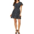 thumbnail image 3 of INSPIRE CHIC Women's Floral V Neck Flare Short Sleeve Lace-up Zipper Chiffon Dress M Navy Blue, 3 of 7