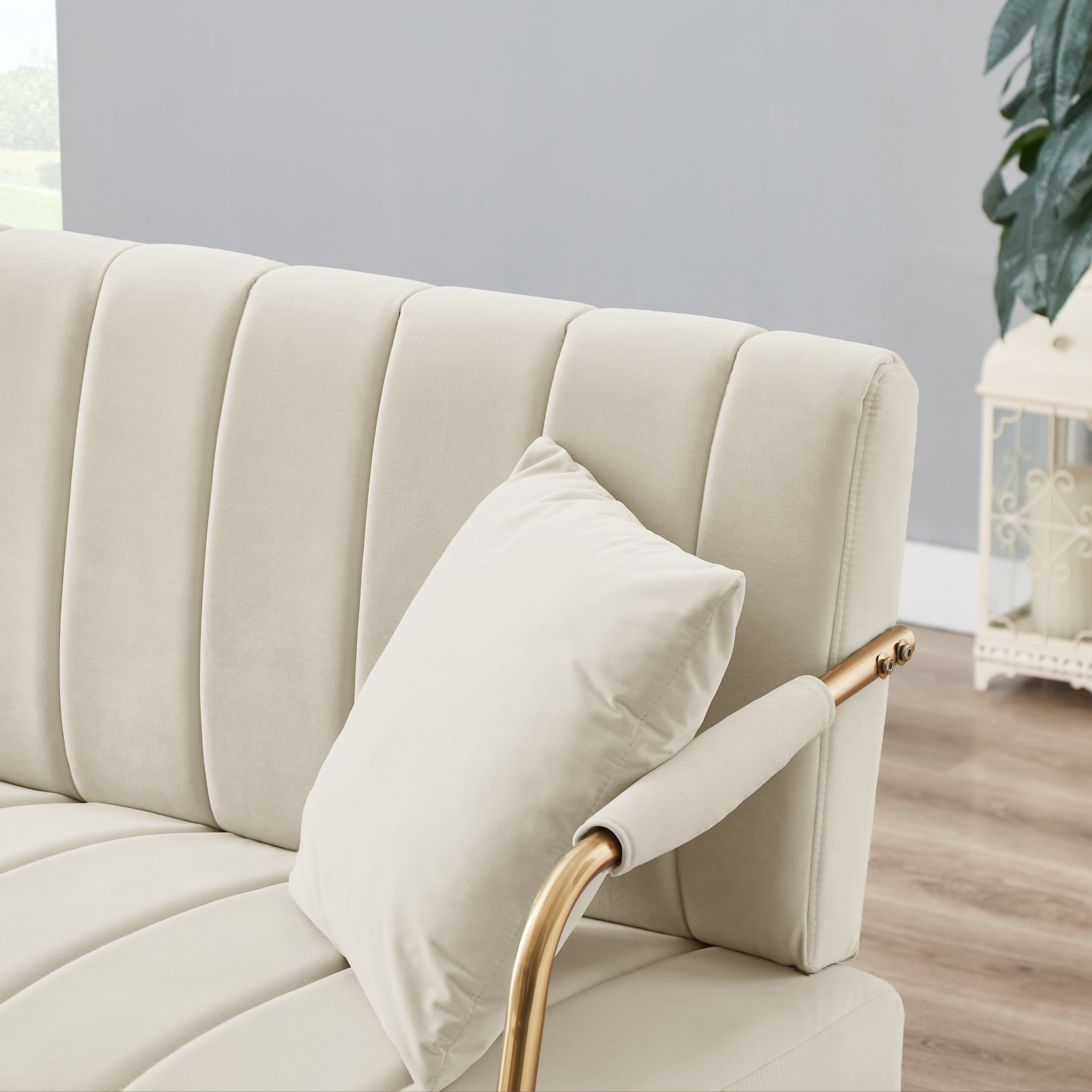 60 Velvet Loveseat Modern Comfy Loveseat Sofa Couch with Pillows and Gold Metal Legs iYofe Fabric: Beige Velvet