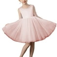 thumbnail image 3 of Jinhomg Sleeveless V-Neck Satin Flower Girl Dress V-Back Tulle Skirt Hem Bridesmaid Dress Knee Length with Bows Pink 120, 3 of 5