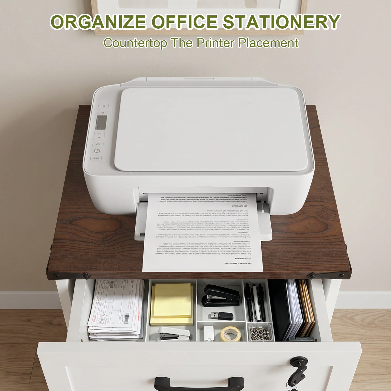 Hommoo Rustic Farmhouse 3-Drawer Rolling File Cabinet with Locking Top Drawer, Compact Mobile Printer Stand & A4/Letter File Organizer for Home Office, White