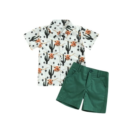 

Toddler Baby Boy Western Outfit Cow Print Short Sleeve Button Down Shirt Casual Shorts Set Cowboy Gentleman Outfits