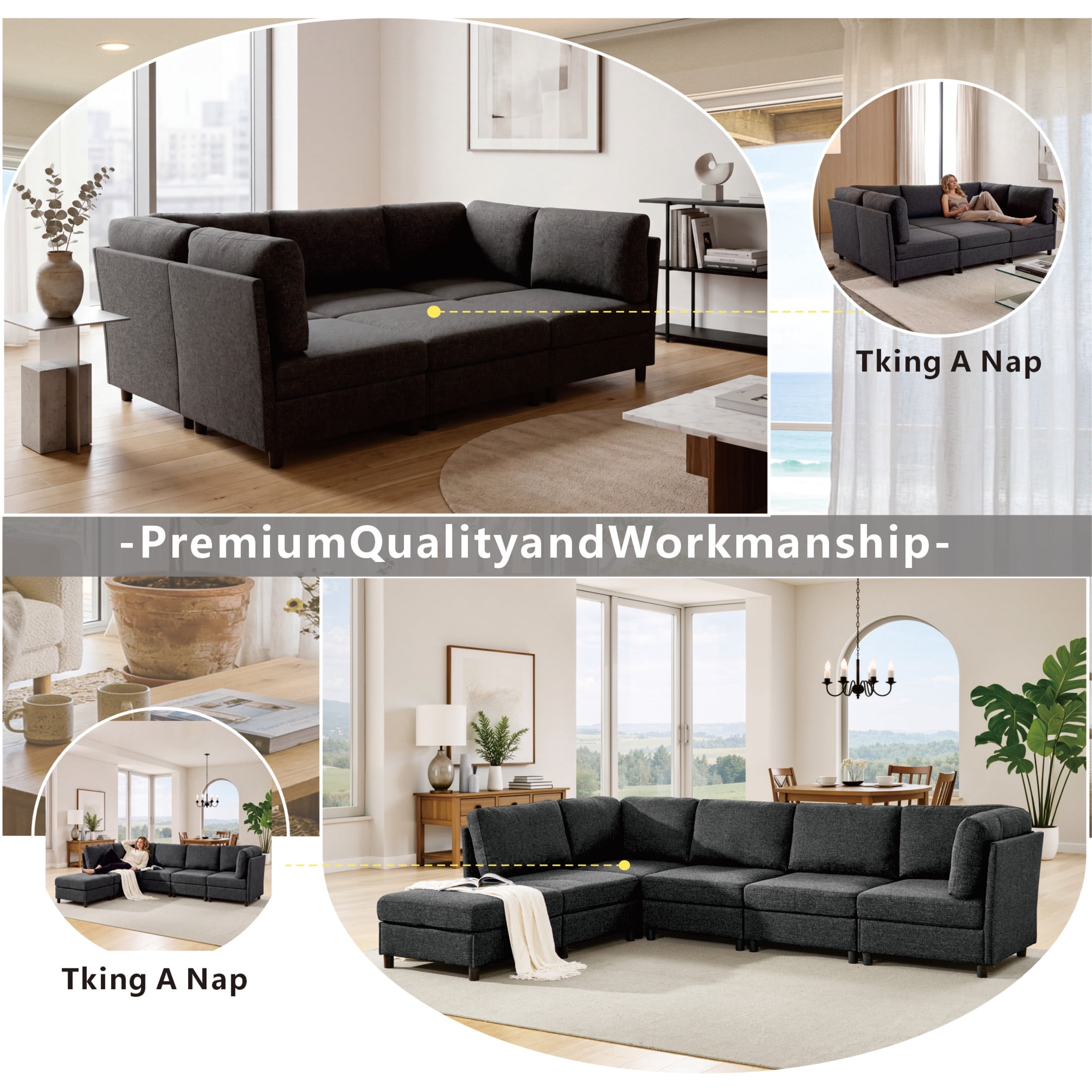 Noble House Modular Sectional Sofa with Convertible Ottoman, 6-Seat Corner Couch, Dark Gray