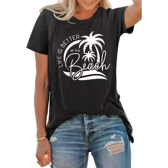 Women's Summer Beach T Shirt Cute Palm Tree Graphic Loose Tees Short Sleeve Casual Tops