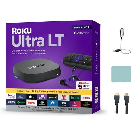 Roku Ultra LT (2023) HD/4K/HDR Dolby Vision Quad-Core Streaming Player with HDMI Cable, Headphones, Voice Remote w/ Private Listening, Ethernet + Mazepoly Accessories