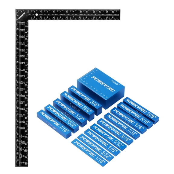 POWERTEC 15pcs Setup Blocks Height Gauge Set & 16 x 24 inch Steel Framing Square, Router Table Setup Bars for Router Bit/Table Saw Blade Height, Band Saw, Drill Press, Woodworking (72230N)