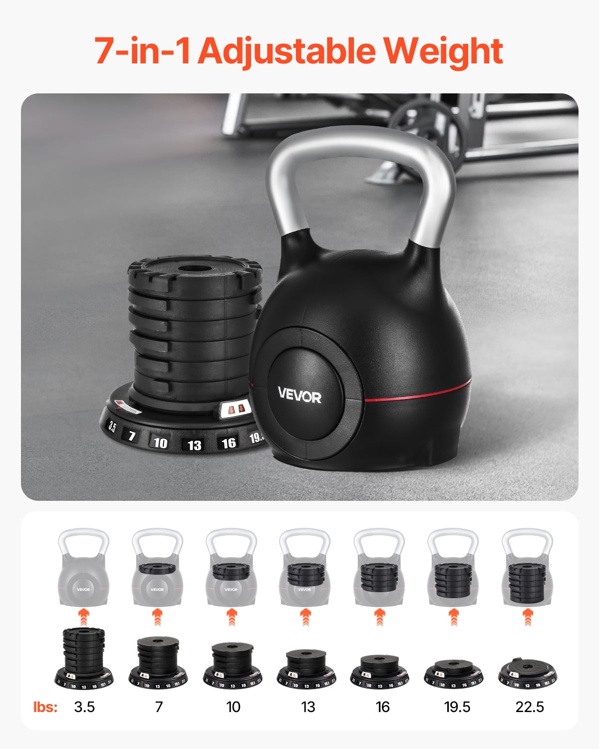 VEVOR Kettlebell, Adjustable Kettlebell with 7 Weight Levels (3.5, 7, 10, 13, 16, 19.5, 22.5 lbs), Die-Cast Aluminum and ABS Material, for Grip Strength Training, Full-body Workout & Cross-Training