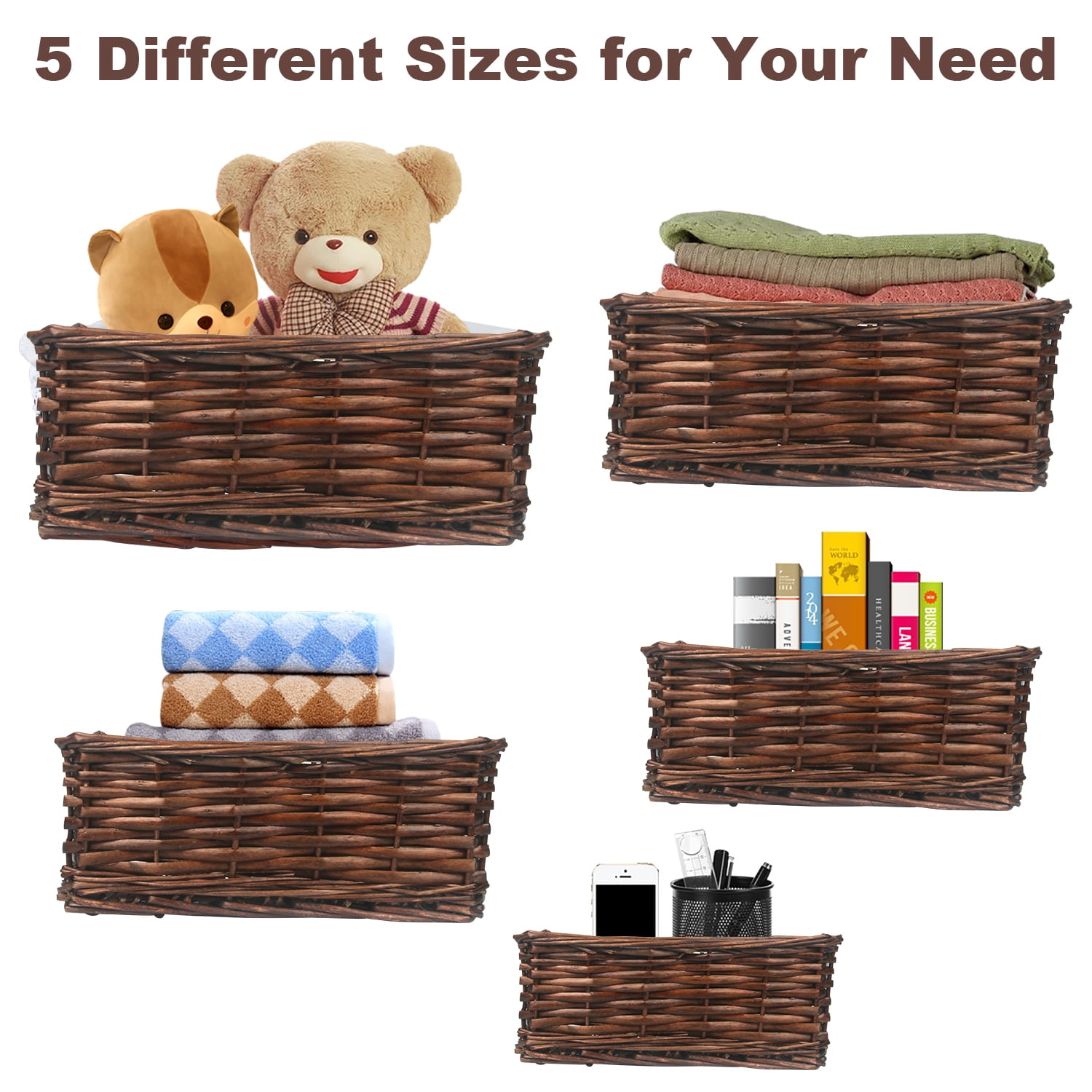 Set of 5 Size Handmade Wicker Storage Baskets, Water Hyacinth Woven Bins for Shelves Home Decorative (Brown)