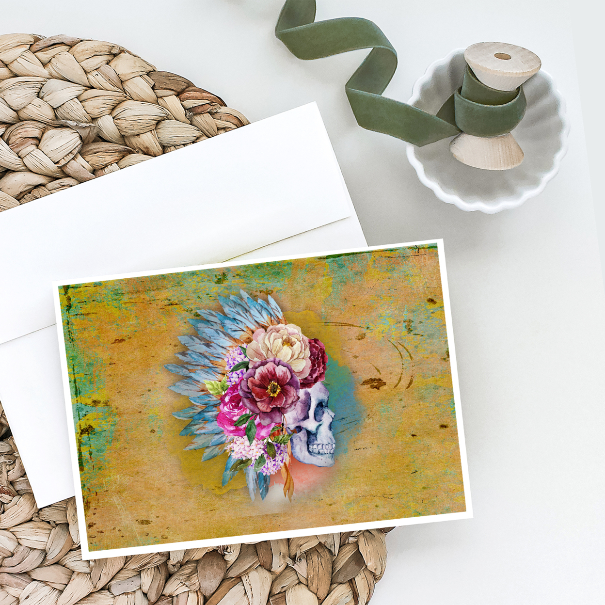 Day of the Dead Flowers Skull  Greeting Cards and Envelopes Pack of 8