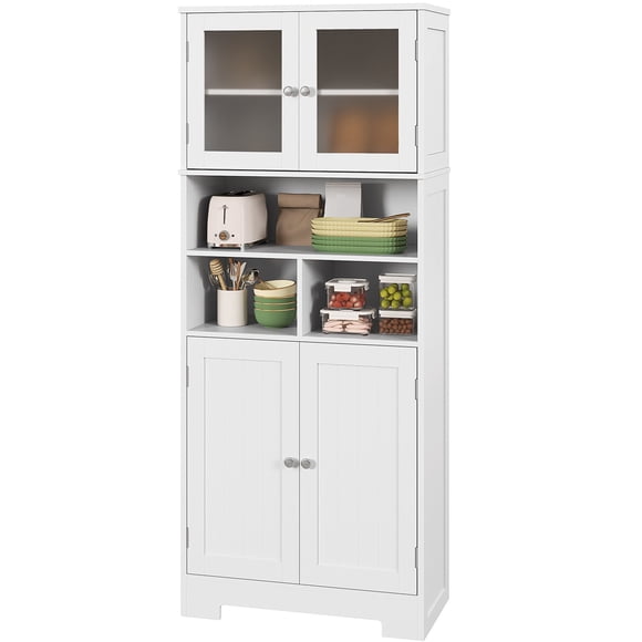 57" White Kitchen Pantry Cabinet, Freestanding Storage Organizer with Glass and Shaker Doors, Adjustable Shelves, for Dining Room, Living Room, and Kitchen, 23.6"W x 11.8"D x 57.3"H
