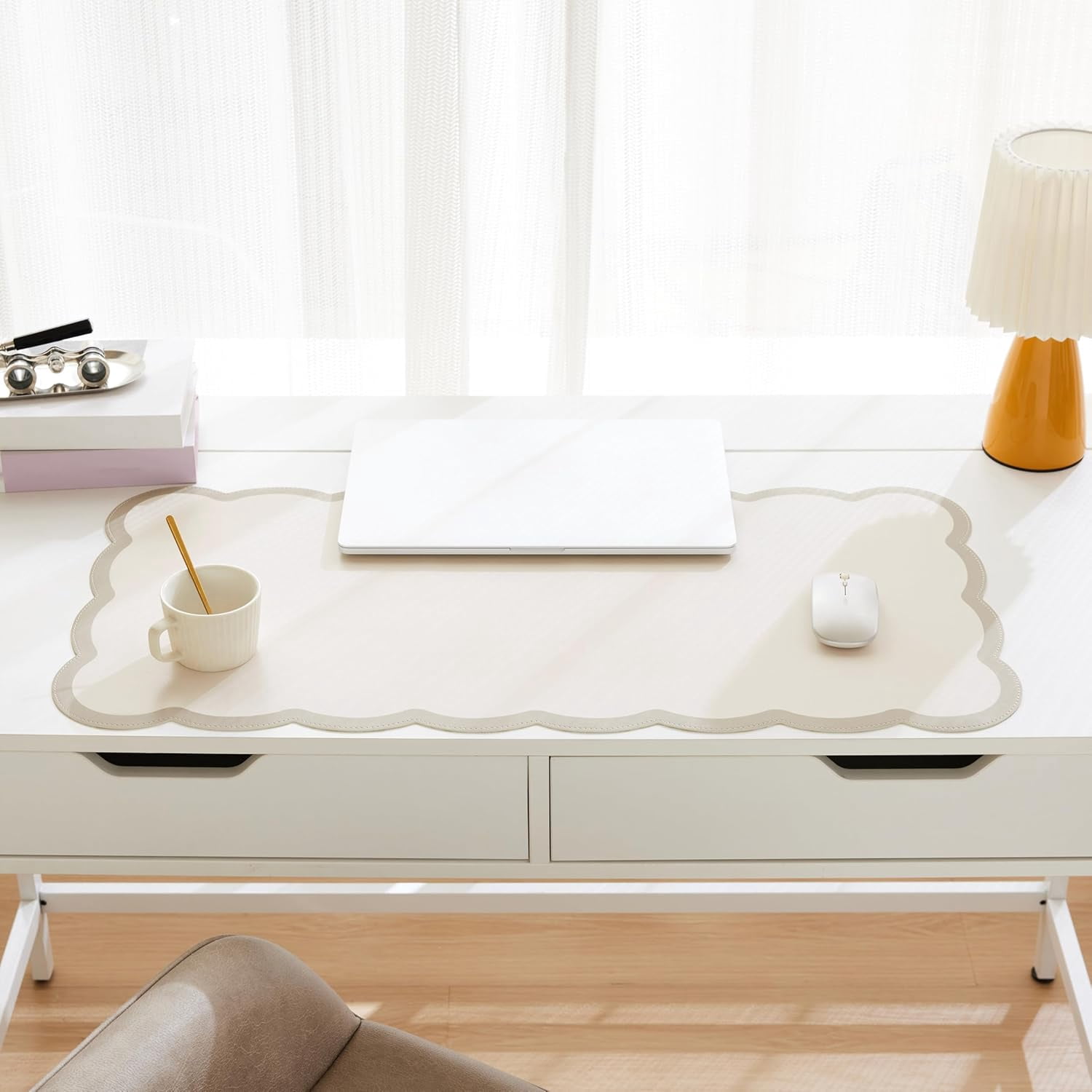 Scalloped Desk Mat, 31.5" x 15.7" Large Cute Beige Khaki Aesthetic Desk Accessories, PU Leather Computer Laptop Desk Mat Mouse Keyboard Pad, Desk Writing Makeup Mat for Vanity/Work/Home Decor