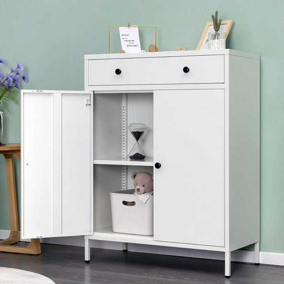 BESFUR Metal Storage Cabinet, Locking Cabinet with Drawer, Freestanding Cabinet with 2 Doors, Adjustable Shelves and Long Drawer - White