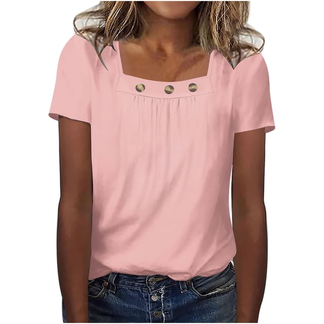 Timegard Hauts Grande Taille pour Femmes Manches Courtes Col Carré Boutonné Chemises Décontractées Amples