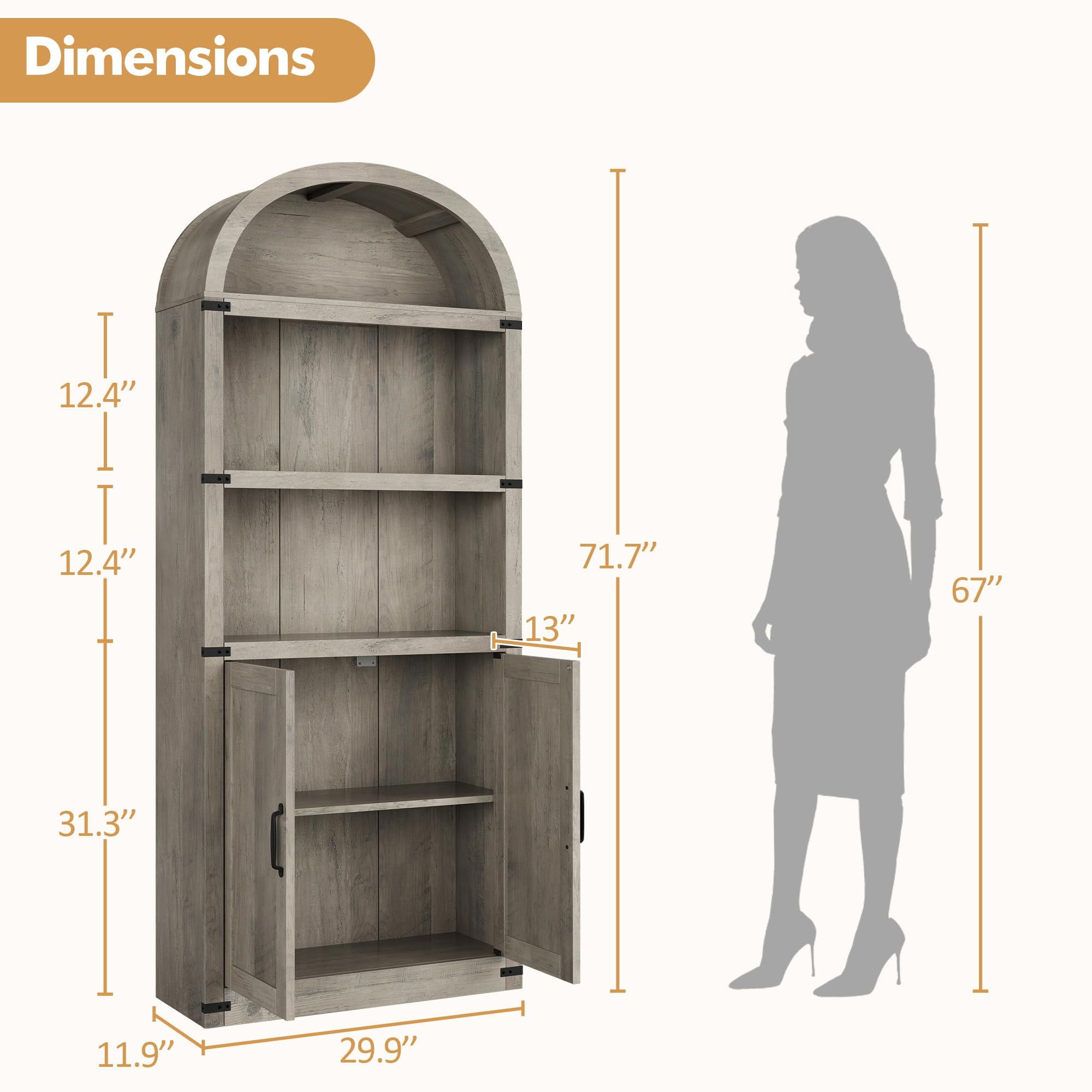 TROPOW Bookcase with Doors Arched Bookshelf 71 65in Tall Bookcase Farmhouse Cabinet with Shelves Wooden Bookshelves for Home Office Living Room Gray