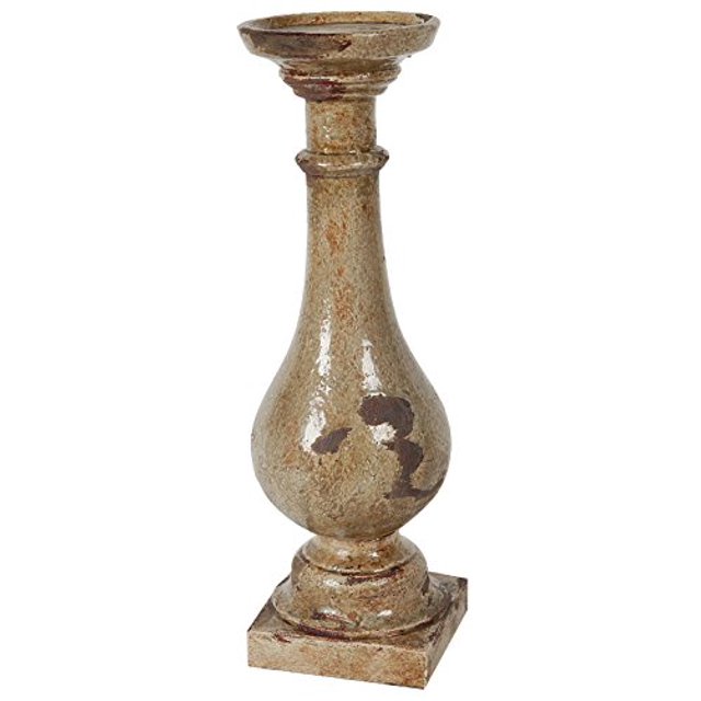 Traditional Style Distressed Ceramic Pillar Shaped Candle Holder, Brown