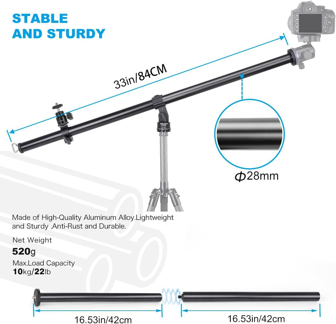 Koolehaoda 33" Tripod Extension Arm, Aluminum Horizontal Center Column arm 2 Sections with 360° rotatable for Overhead, Multi-Angle Photography, Load Up to 22lbs (Tripod not Included)