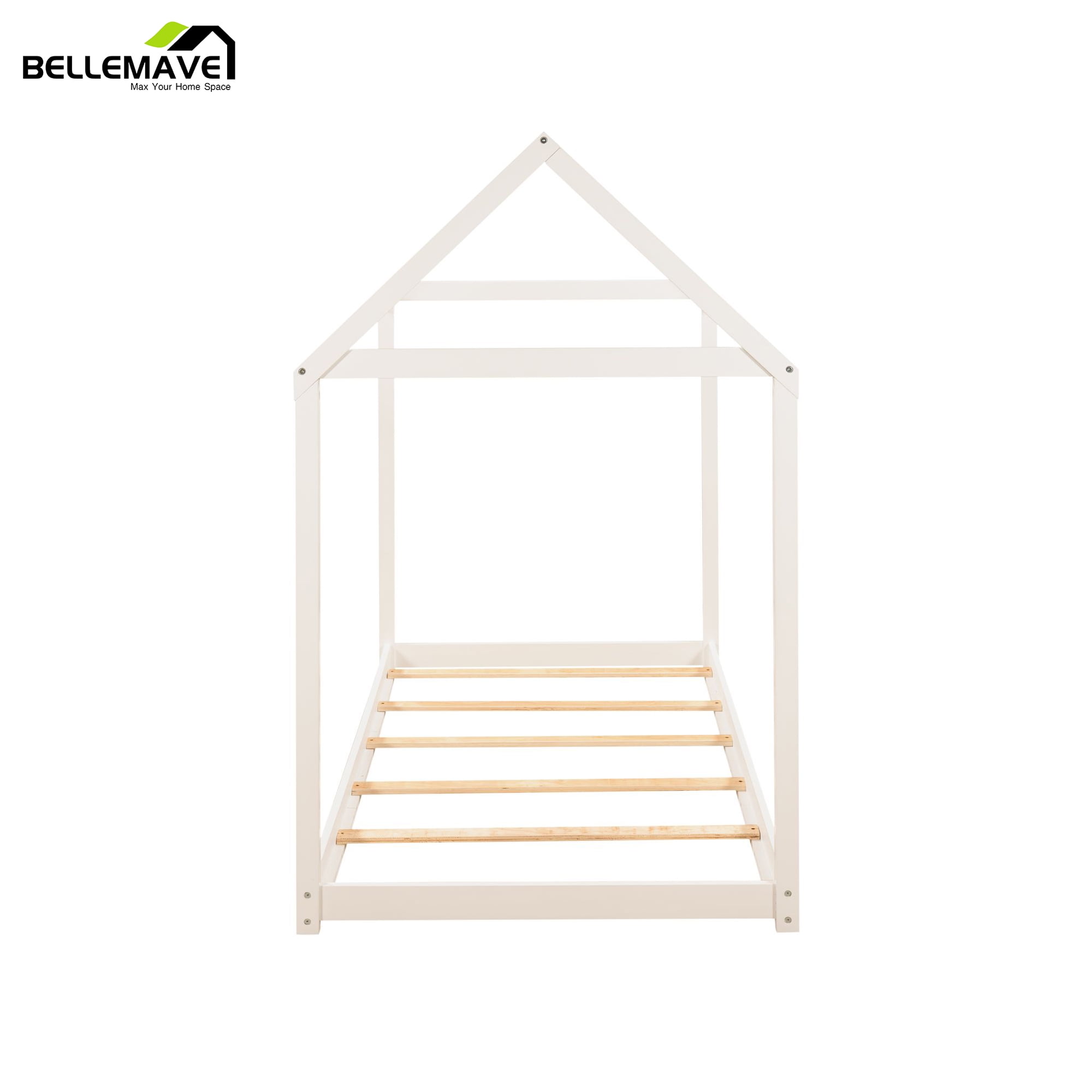 Bellemave Wood Twin Size  House Bed Frame, Montessori Floor Bed, No Box Spring Needed (White)