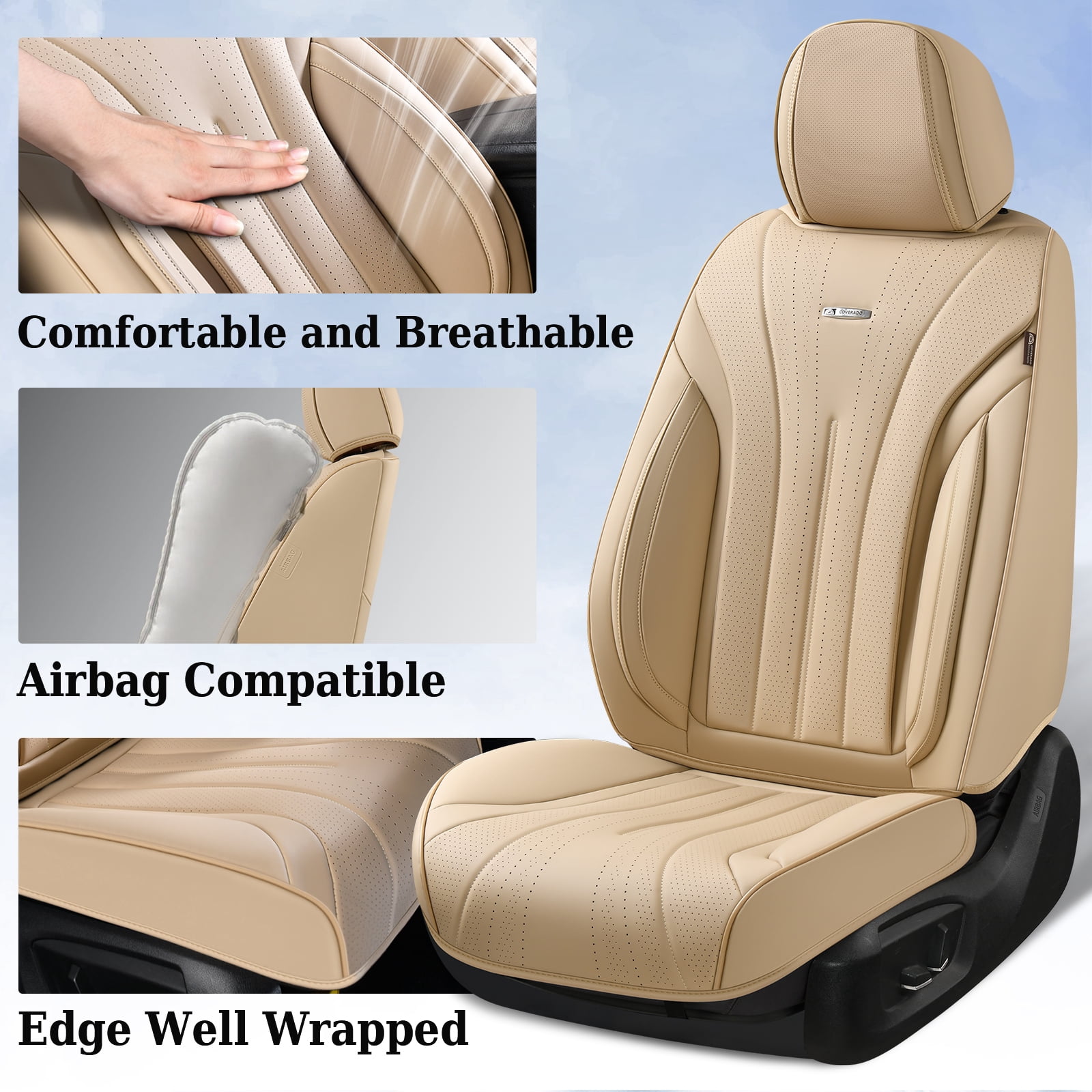 Coverado Full Set Car Seat Covers, Waterproof Faux Leather Front and Rear Seat Protector, Breathable Seat Cushions Universal Fit for Most Cars, Beige