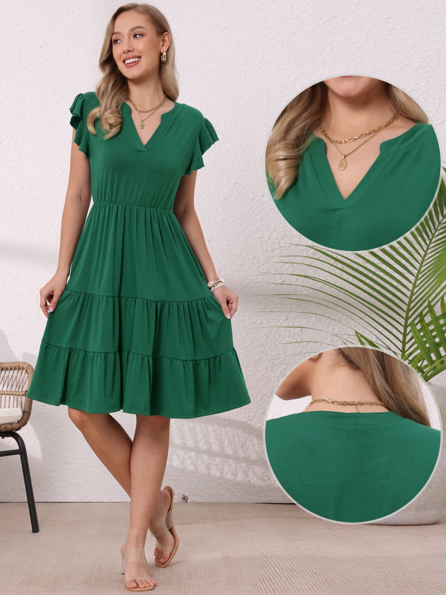 DARING DIVA Women's V Neck Ruffle Sleeve A-Line Flowy Tiered Design Dress 2XL Dark Green