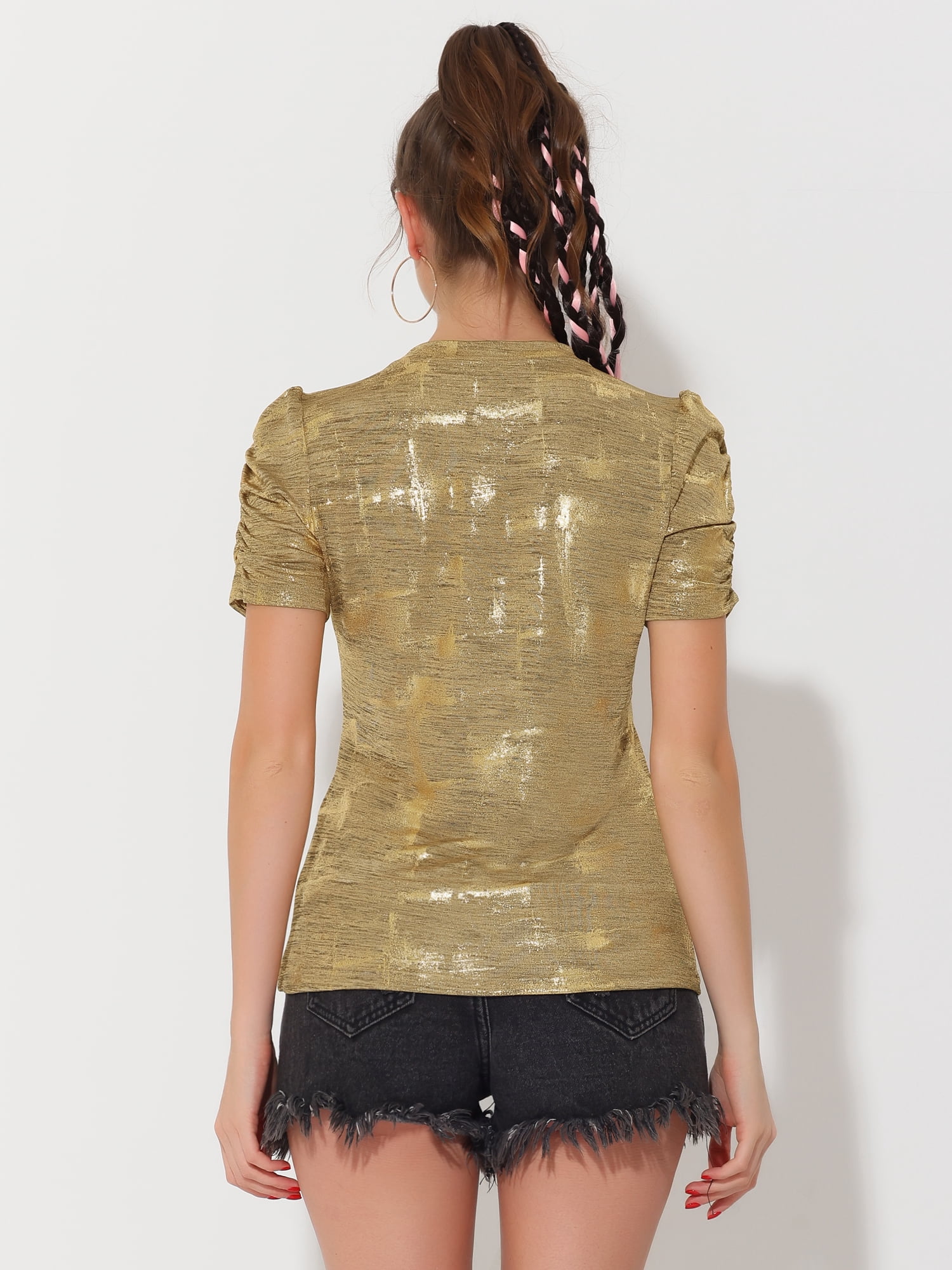 DARING DIVA Women's Twist Round Neck Puff Sleeve Stretch T-Shirt S Gold