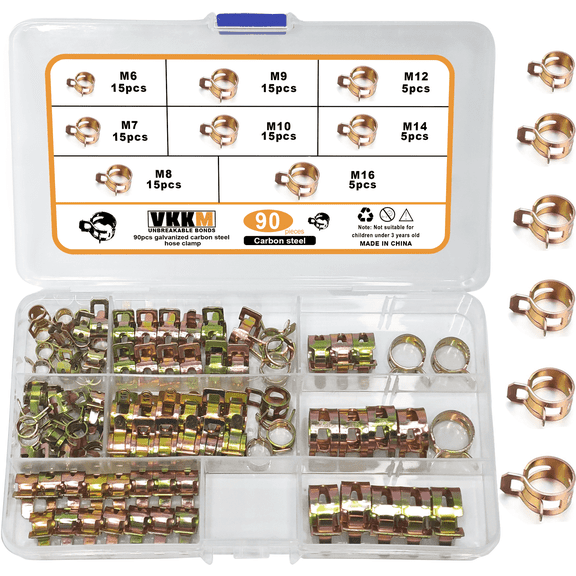 VKKM 90Pcs Spring Band Hose Clamps Assortment Kit, 6mm-16mm Galvanized Carbon Steel Fuel Line Clamp for Vacuum & Silicone Hoses