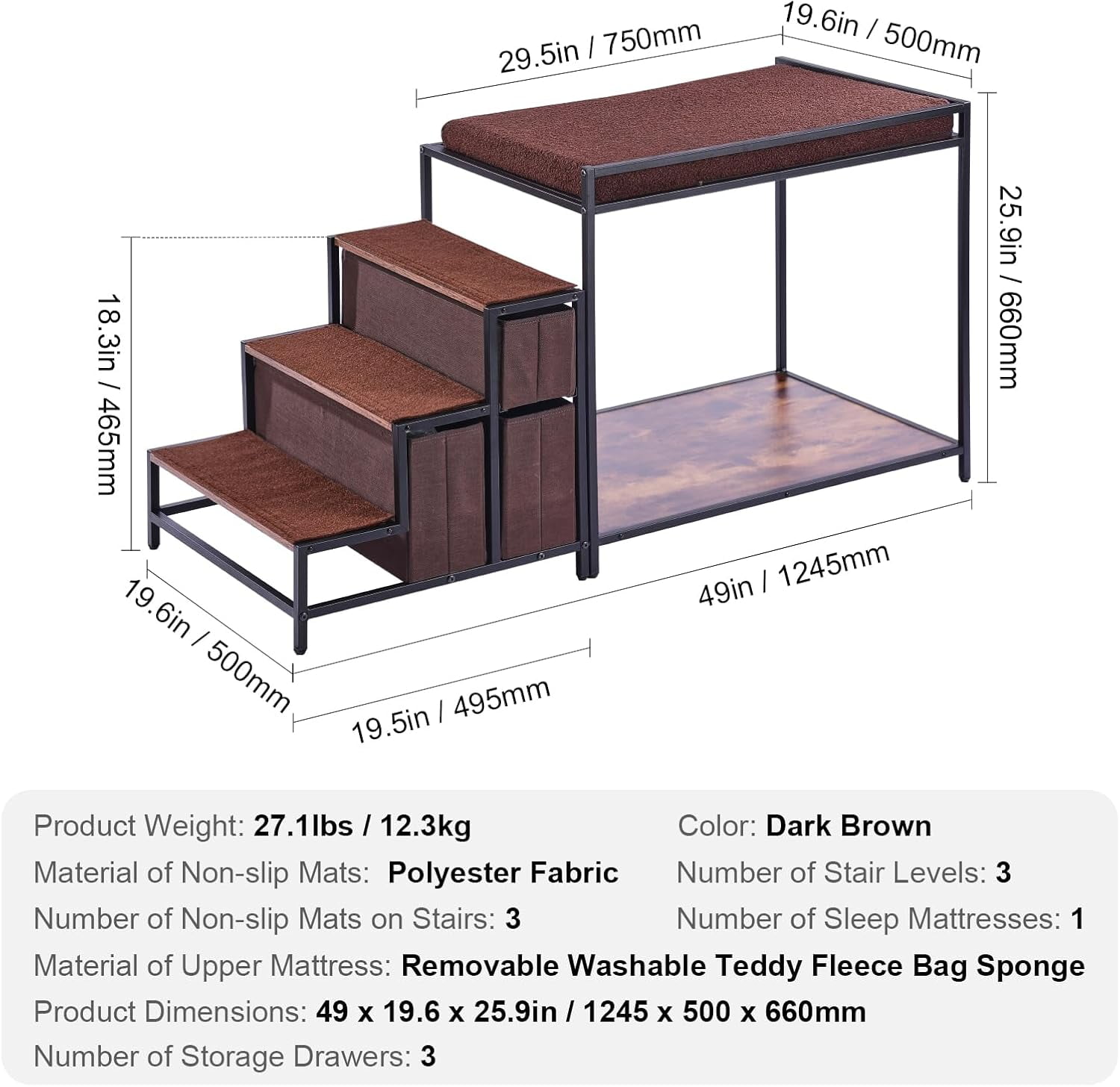 Pet Bunk Bed with Stairs, Dog/Cat Window Perch with Storage, Multi-Level Bed Window Perch Dog Bedside Sleeper Couch, Pet Seat Platform for Medium Size Pet, Indoor Use (Dark Brown)