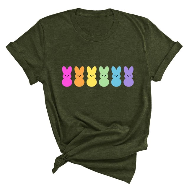 Plebaso T-Shirts de Pâques pour Femmes Manches Courtes Imprimés Graphiques Hauts Été Décontractés Amples