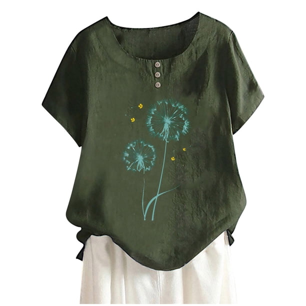Camisas de Manga Corta para las Mujeres, Blusa de Botón de Impresión Casual con Cuello Redondo Hecha de Tela Suave Transpirable para Verano Primavera, Blusas de Manga Corta para las Mujeres