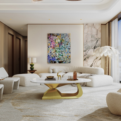 51.2-Inch Modern Oval Marble Coffee Table with Sturdy Gold Stainless Steel Base - Elevate Your Living Room with Style & Luxury, Scratch-Resistant & Easy Assembly.