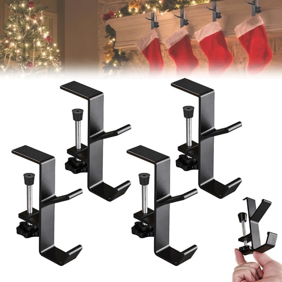Soportes 2 en 1 Para Guirnaldas y Calcetines Repisas de Chimenea, Ganchos Ajustables Colgador Doble Puerta Con (Negro 4 Piezas) Negro Piezas