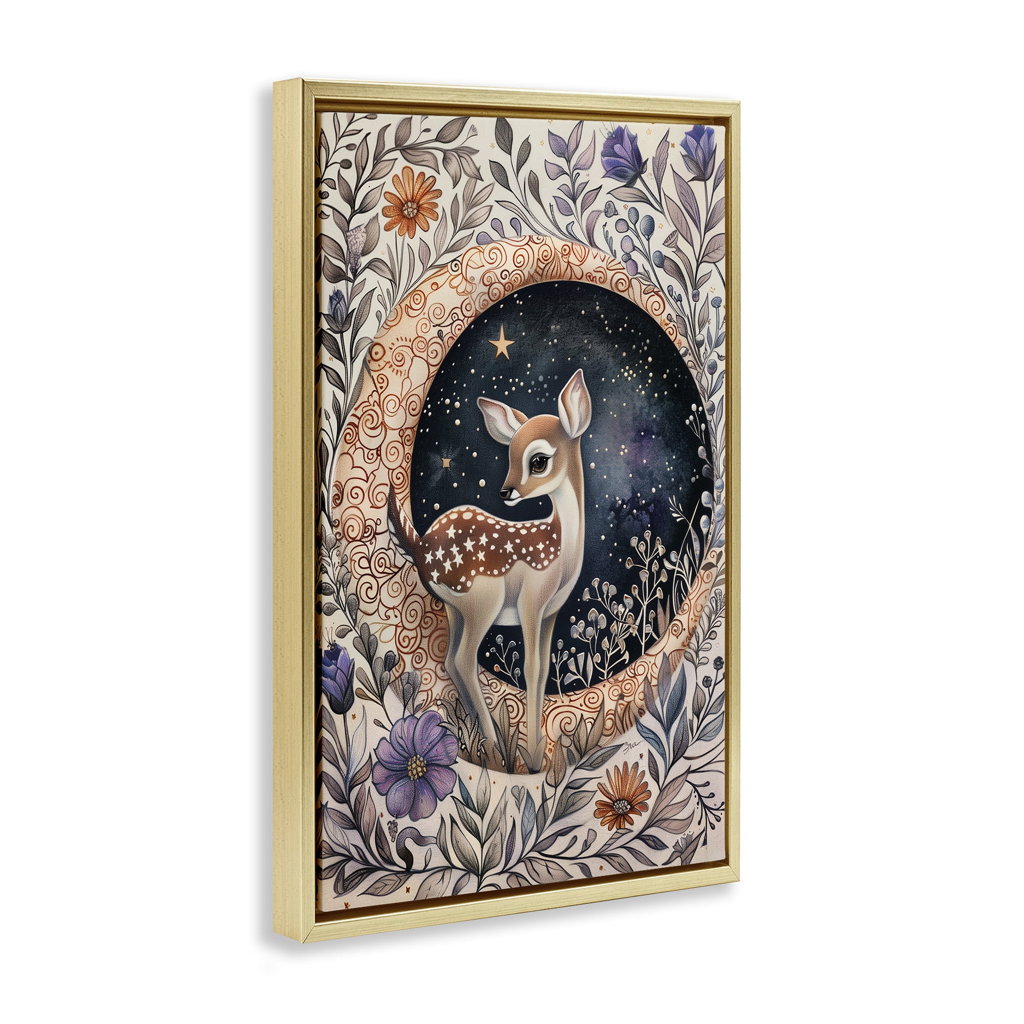 Stupell Industries Floral Fawn & Moon Animals & Insects Painting Gold Floater Framed Art Print Wall Art, 21 x 31