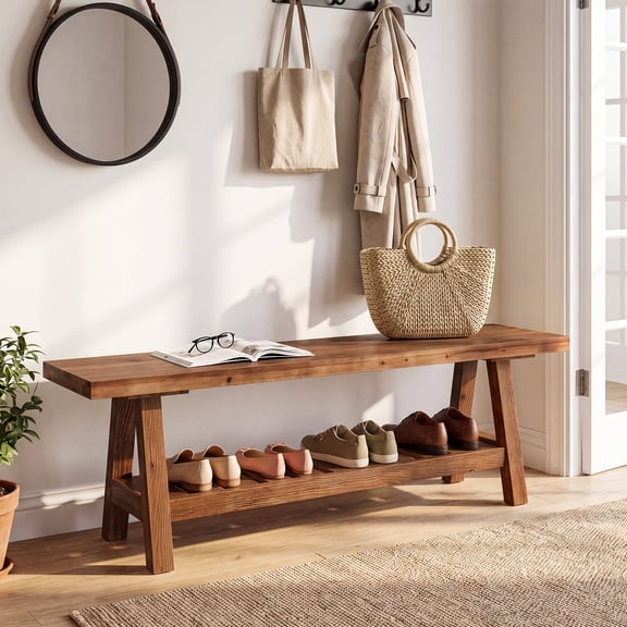 Finmind 55" Solid Wood Entryway Bench, Narrow Wooden End of Bed Bench for Entry for Entry, Brown
